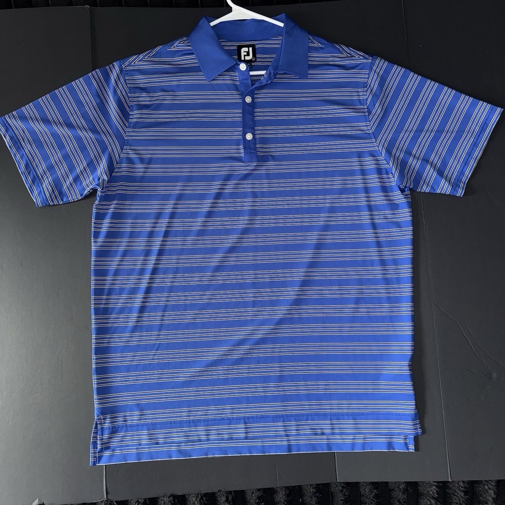 Men's Large FootJoy Blue White Black Striped Golf Polo Shirt Logo Short Sleeve